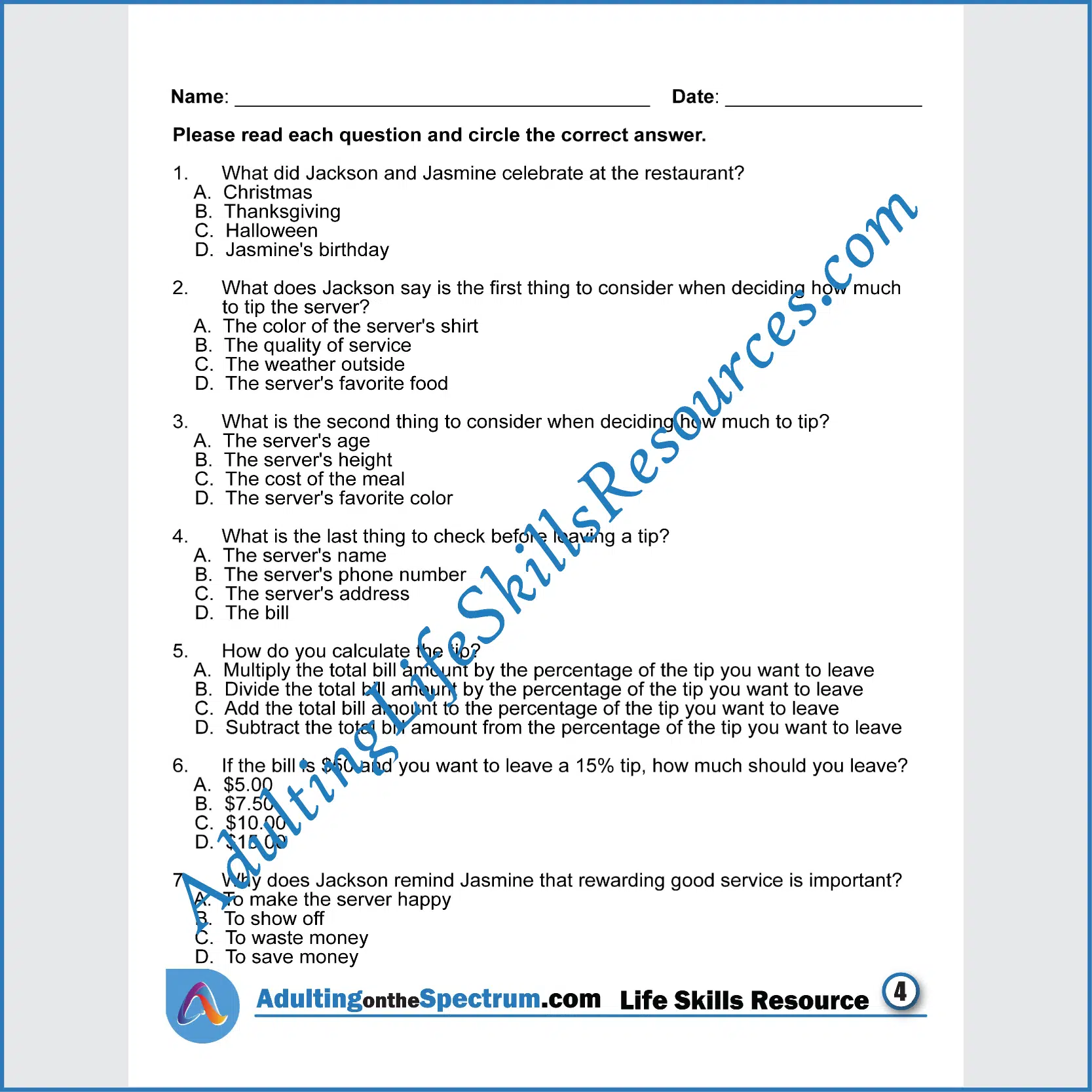 Adulting Life Skills Resources SPED Personal Finance printable for middle and high school students covers How Much to Tip a Server.