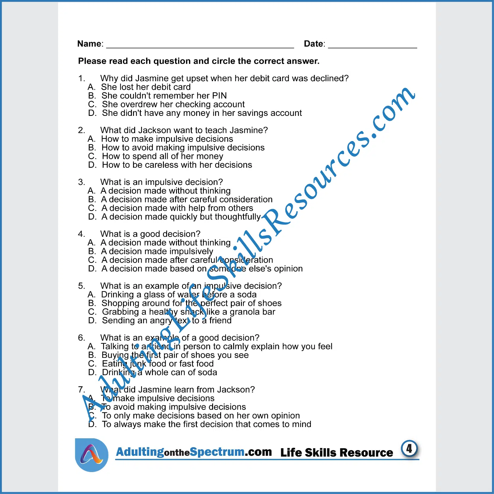 Adulting Life Skills Resources SPED Personal Finance printable for middle and high school students covers How to Avoid Impulsive Decisions.