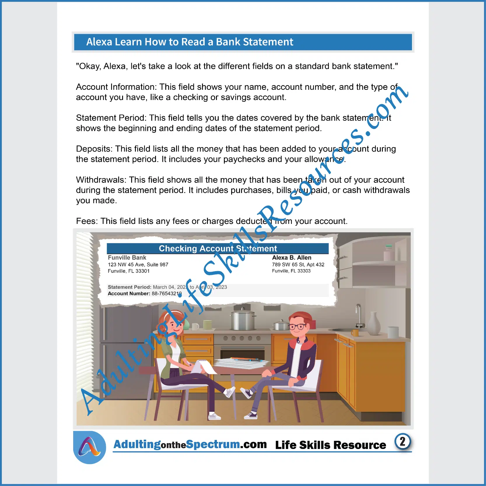 Adulting Life Skills Resources SPED Functional Life Skills handouts for teens and young adults cover How to Read Bank Statements.