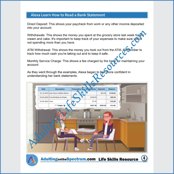 Adulting Life Skills Resources SPED Independent Living Skills Social stories for middle and high school students cover How to Read Bank Statements.