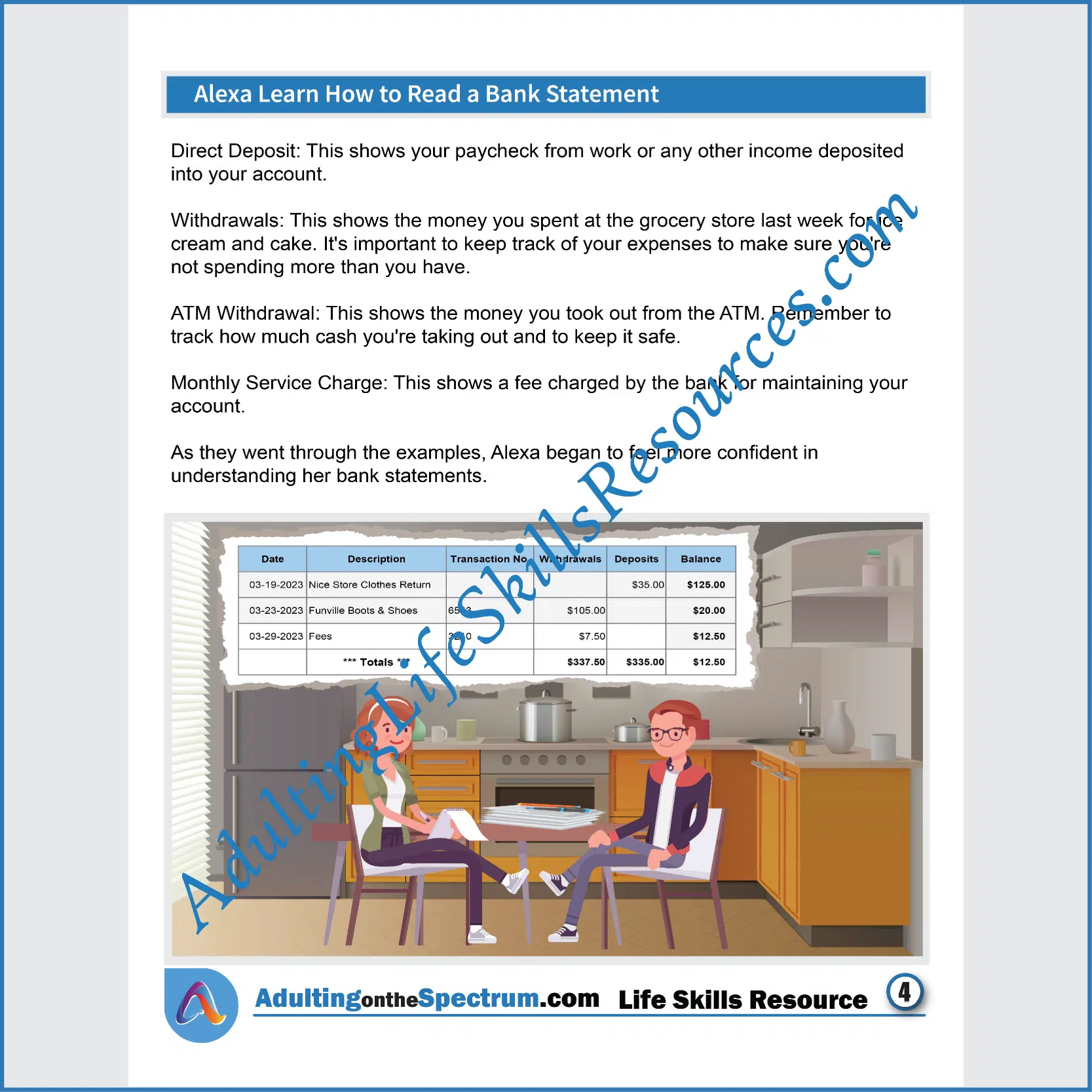 Adulting Life Skills Resources SPED Independent Living Skills Social stories for middle and high school students cover How to Read Bank Statements.