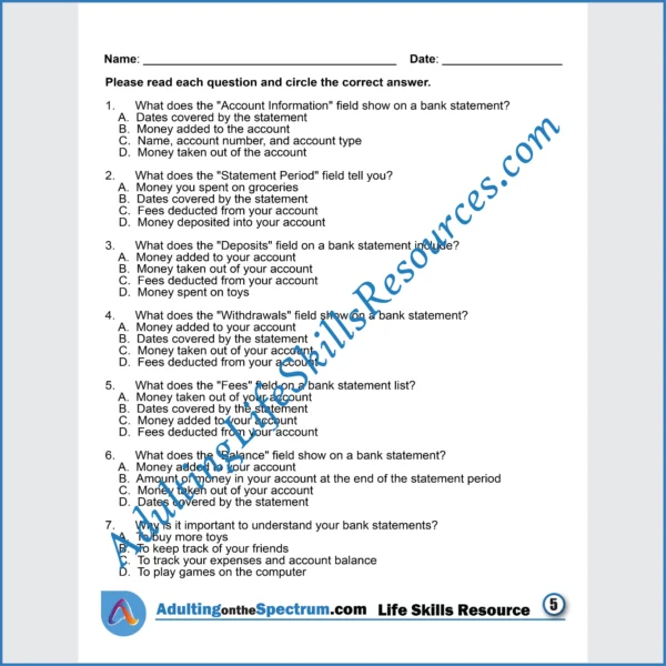 Adulting Life Skills Resources SPED Personal Finance printable for middle and high school students covers How to Read Bank Statements.