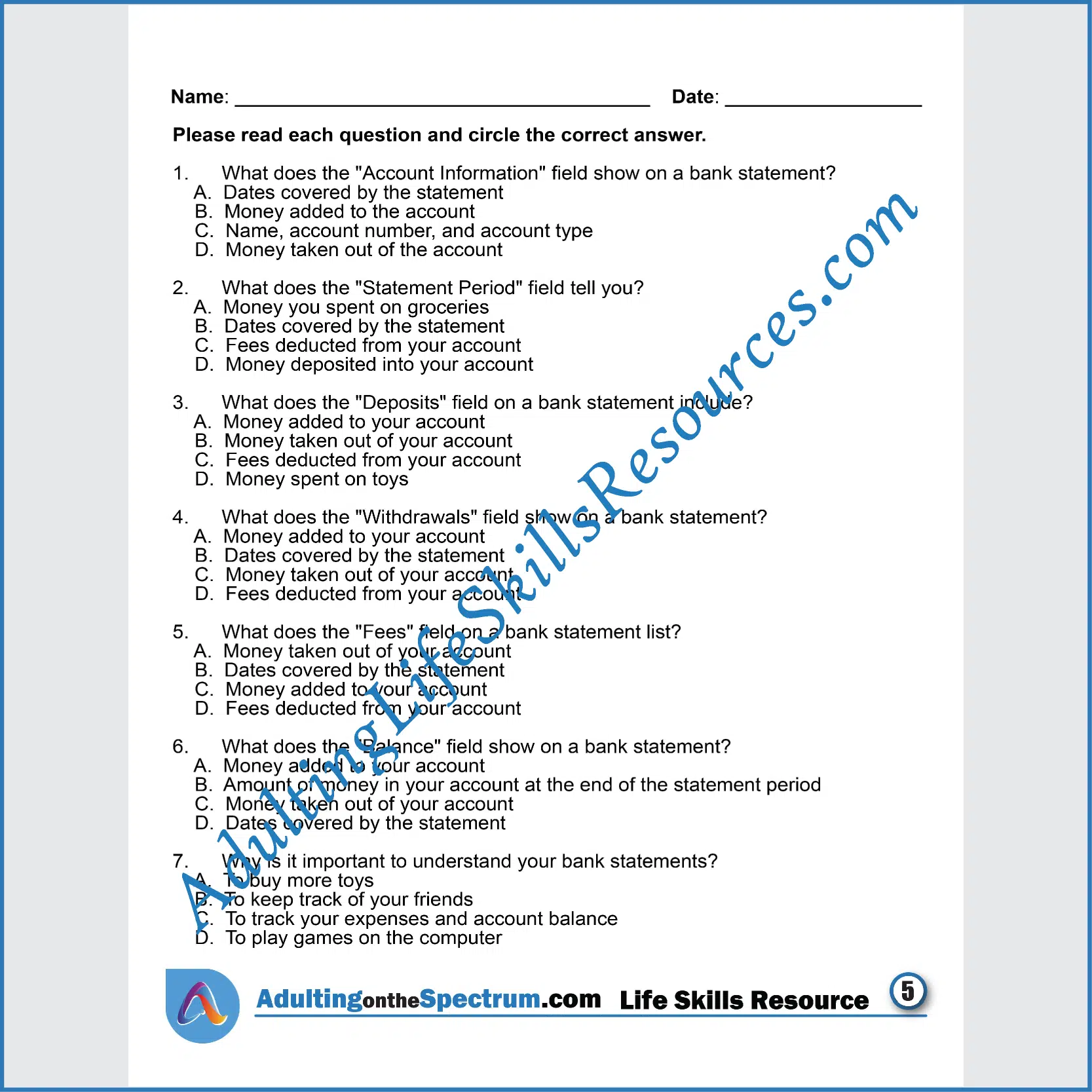 Adulting Life Skills Resources SPED Personal Finance printable for middle and high school students covers How to Read Bank Statements.