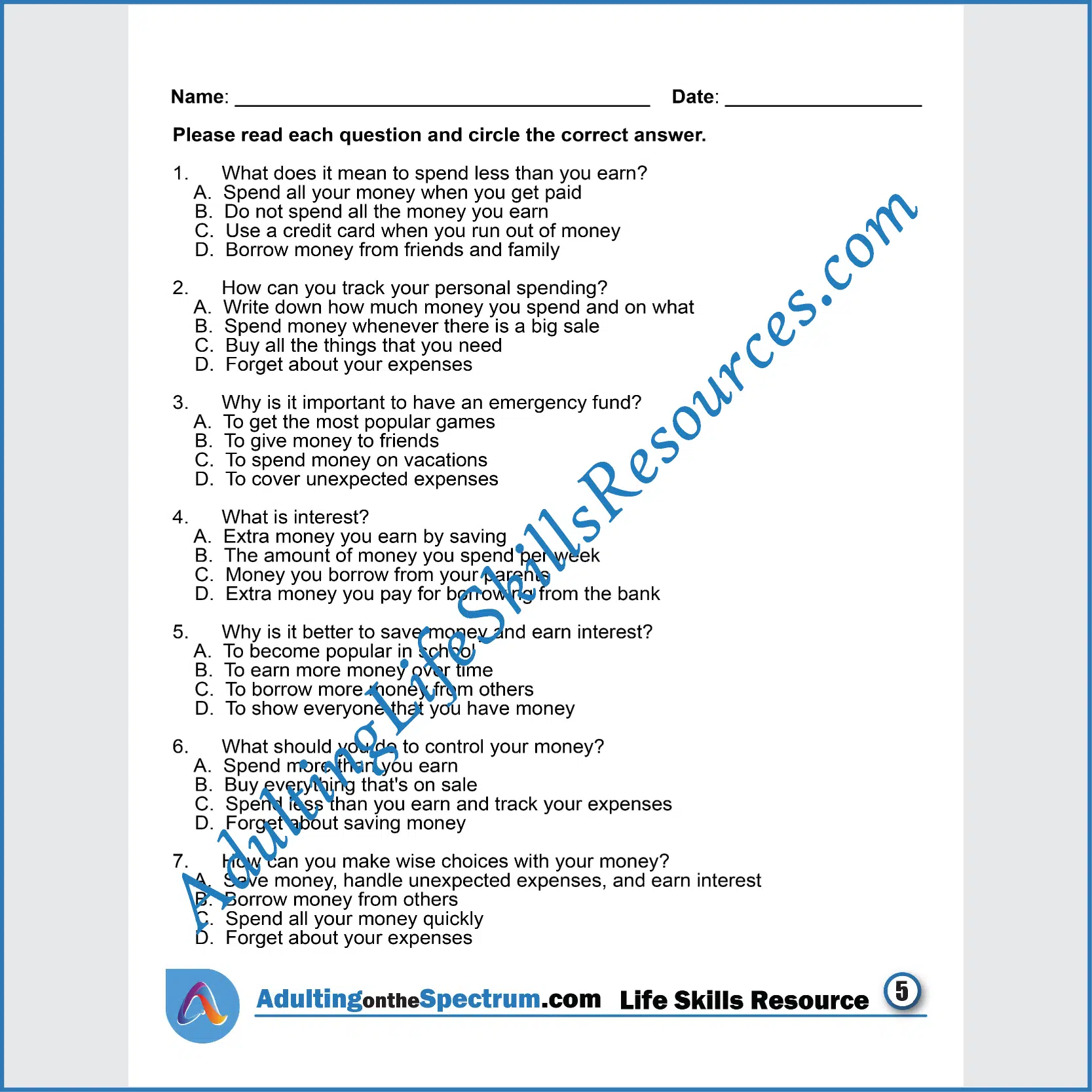 Adulting Life Skills Resources SPED Personal Finance printable for middle and high school students covers How to Manage Money.