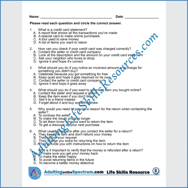 Adulting Life Skills Resources SPED Personal Finance printable for middle and high school students covers How to Manage Purchases.