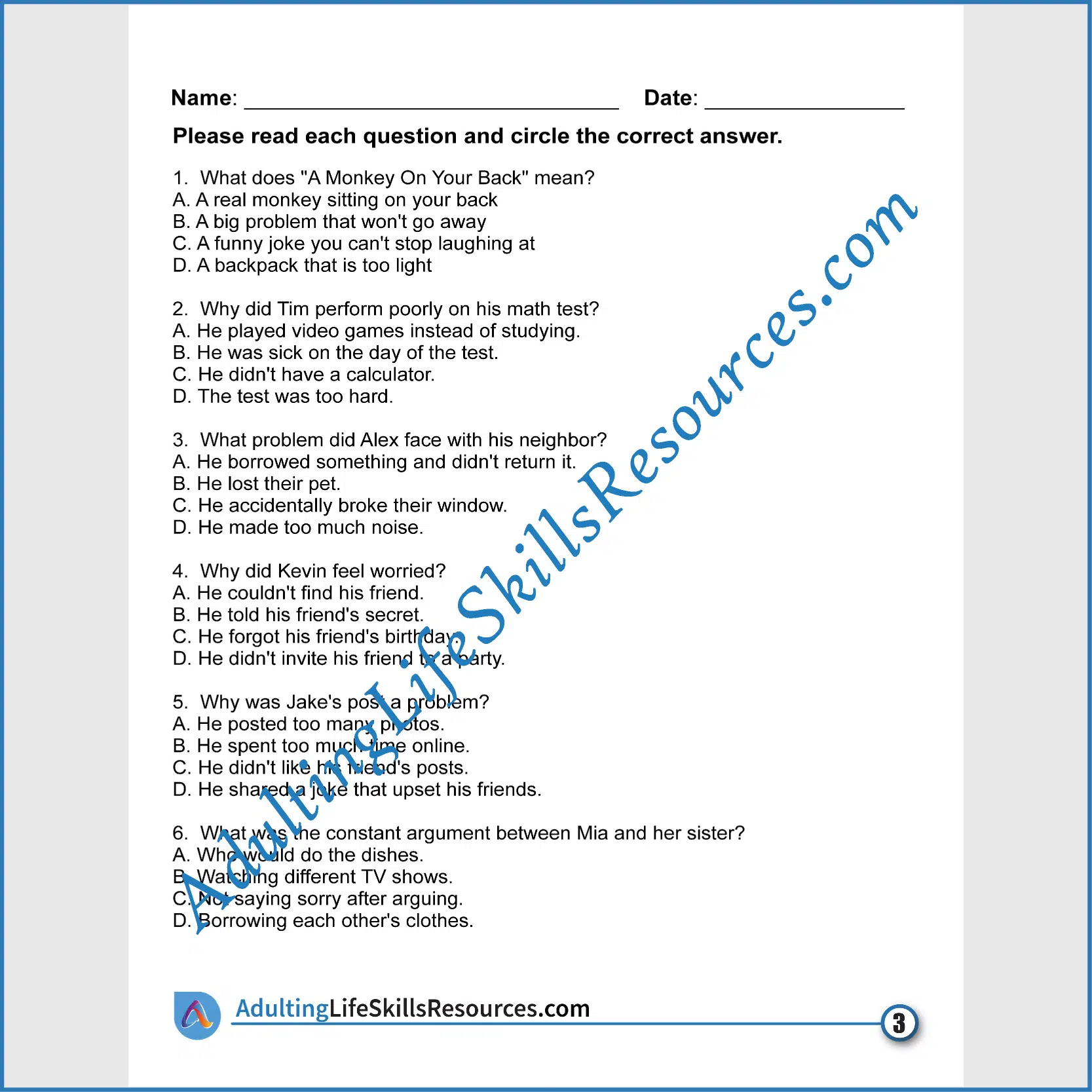 Adulting Life Skills Resources SPED Idiom in Context for Figurative Language activity for middle and high school students covers Problem Solving.