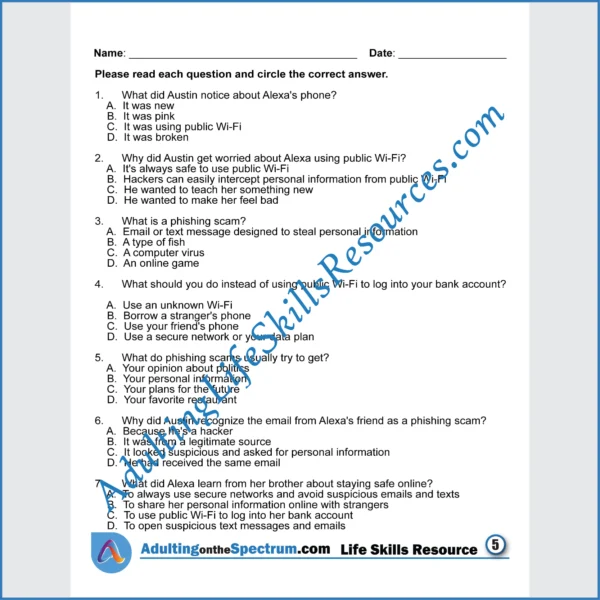 Adulting Life Skills Resources SPED Independent Living Skills printable for middle and high school students covers the Dangers of Public Wi-Fi.