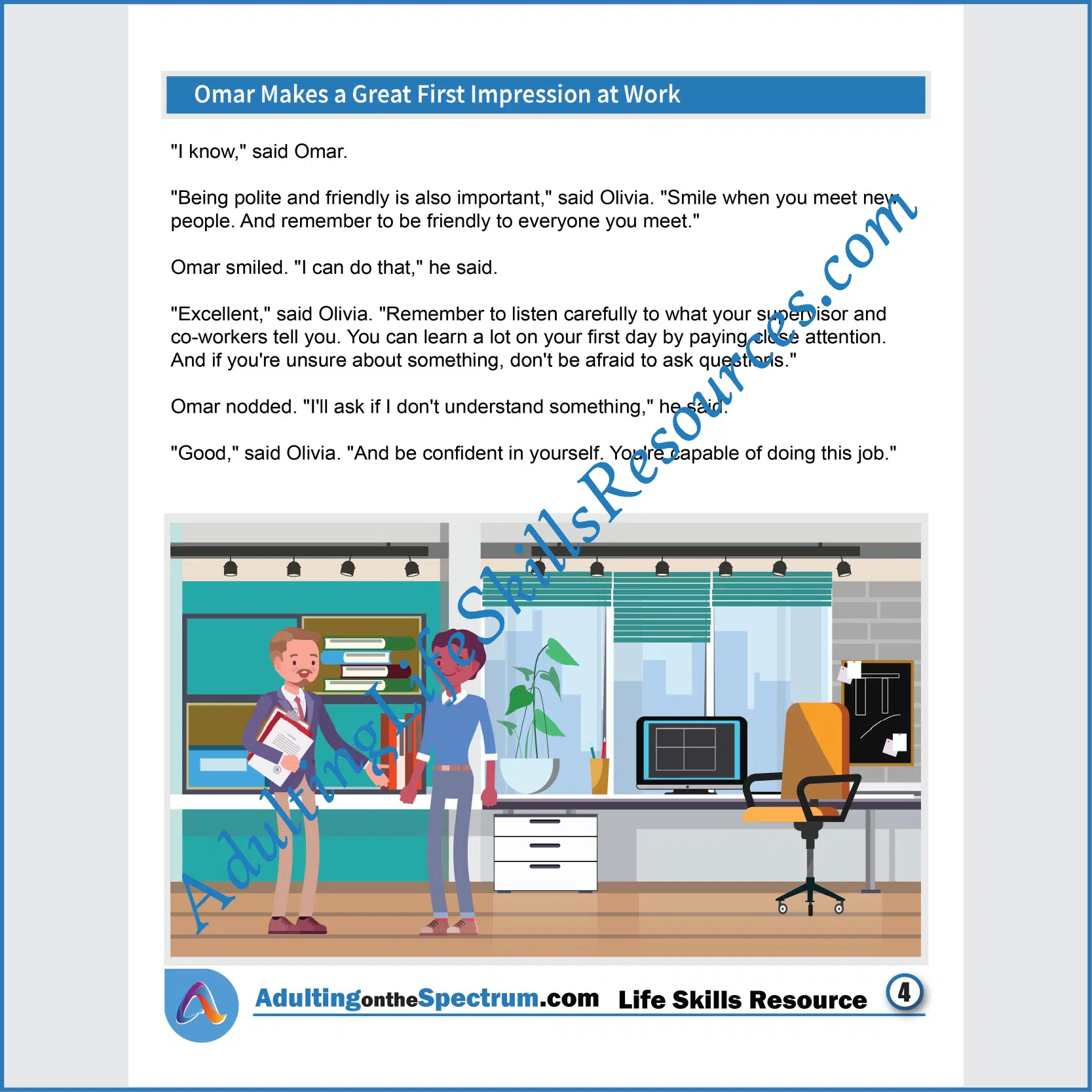 Adulting Life Skills Resources SPED Employment Skills Social stories for teens and young adults cover Making a Great First Impression at Work.