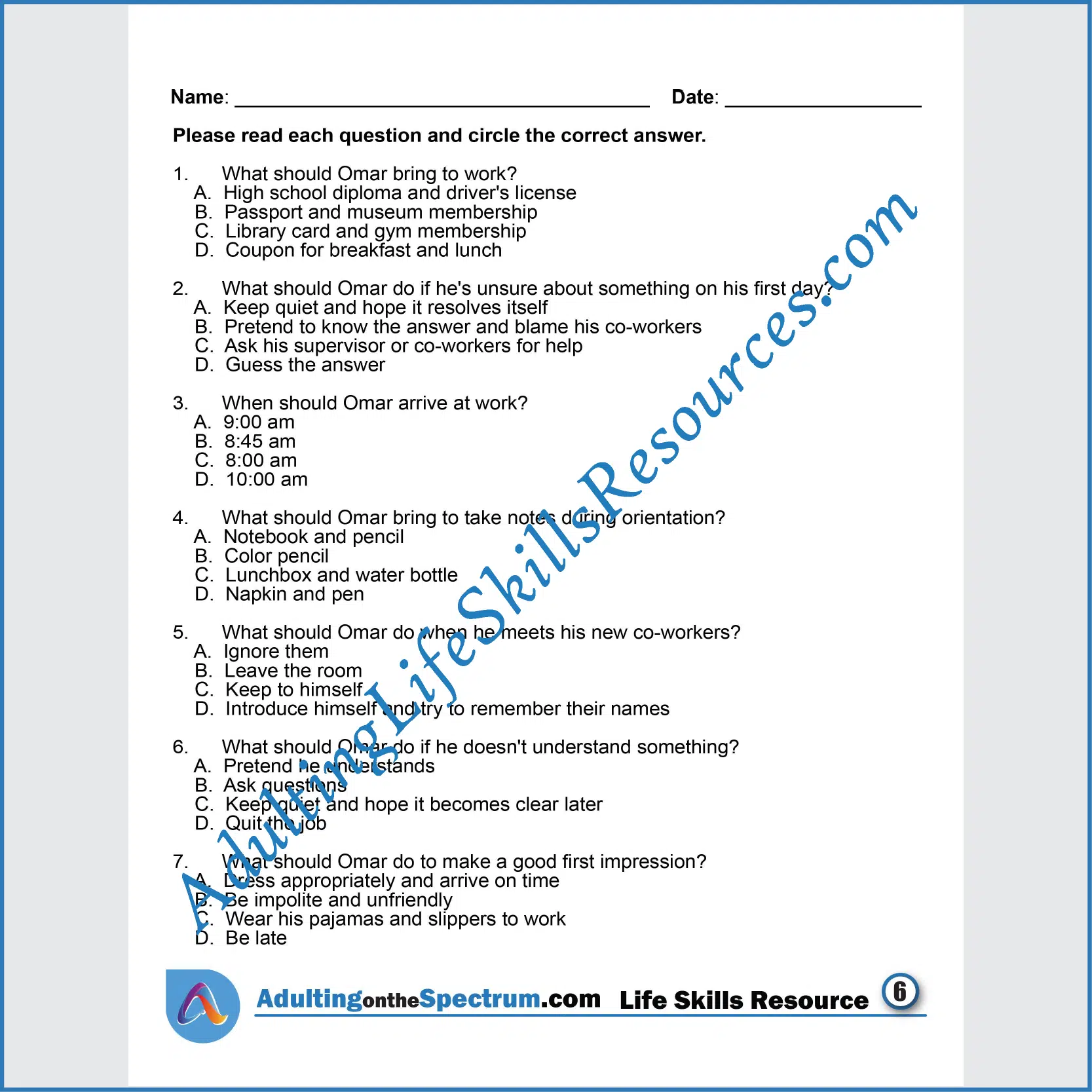 Adulting Life Skills Resources SPED Career Exploration printable for high school students covers Making a Great First Impression at Work.