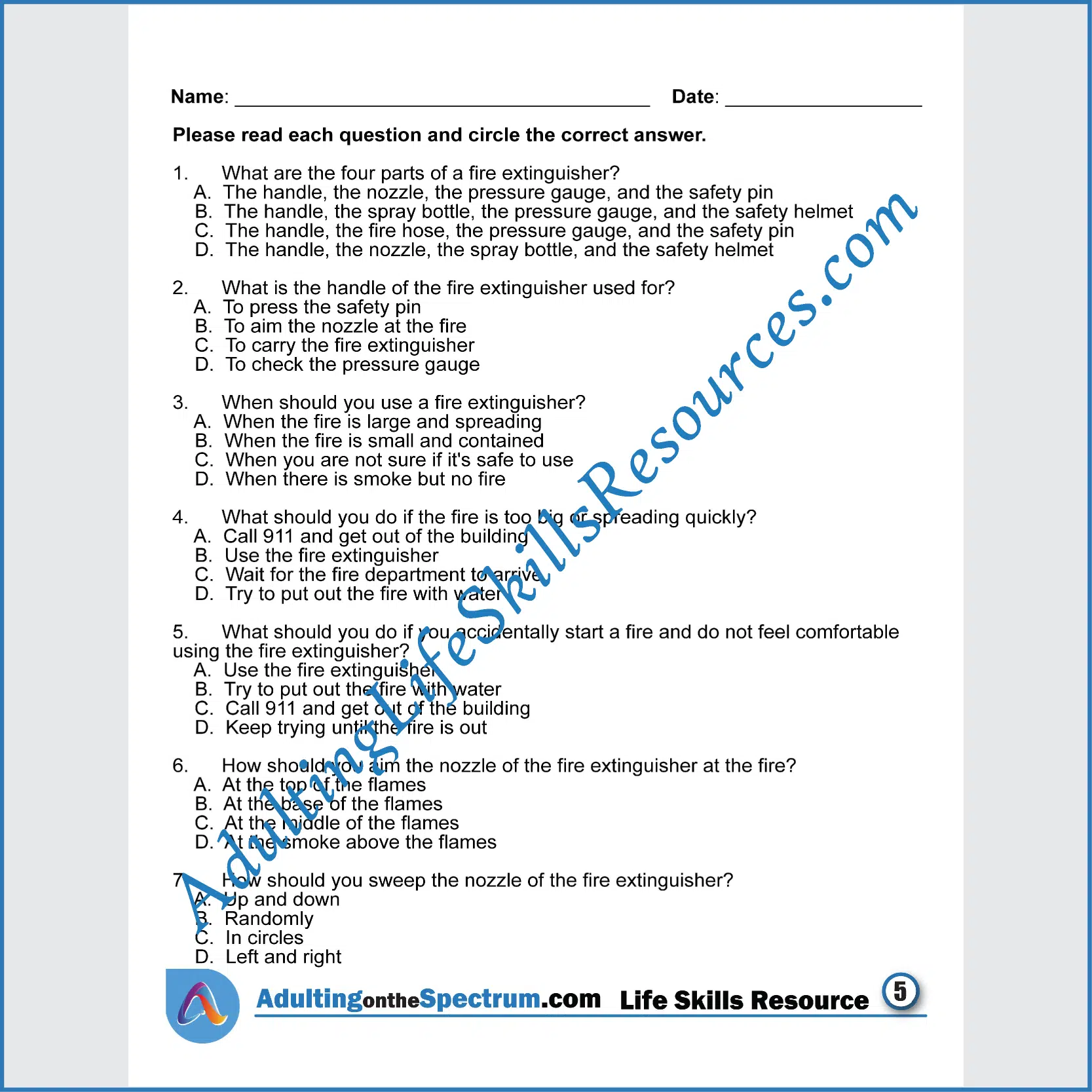 Adulting Life Skills Resources SPED Kitchen and Food Safety printable for middle and high school students covers How to Use a Fire Extinguisher.