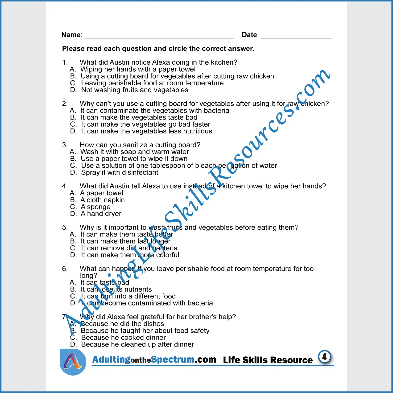 Adulting Life Skills Resources SPED Kitchen and Food Safety printable for middle and high school students covers Basic Food Safety Rules.