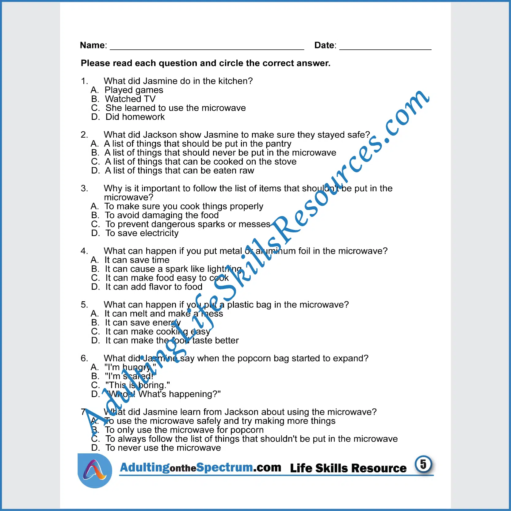 Adulting Life Skills Resources SPED Kitchen and Food Safety printable for middle and high school students covers How to Use a Microwave.