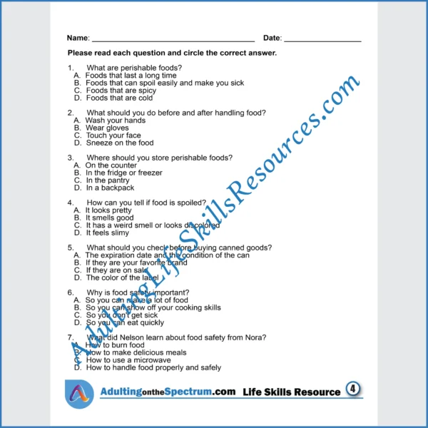 Adulting Life Skills Resources SPED Kitchen and Food Safety printable for middle and high school students covers Proper Food Handling.
