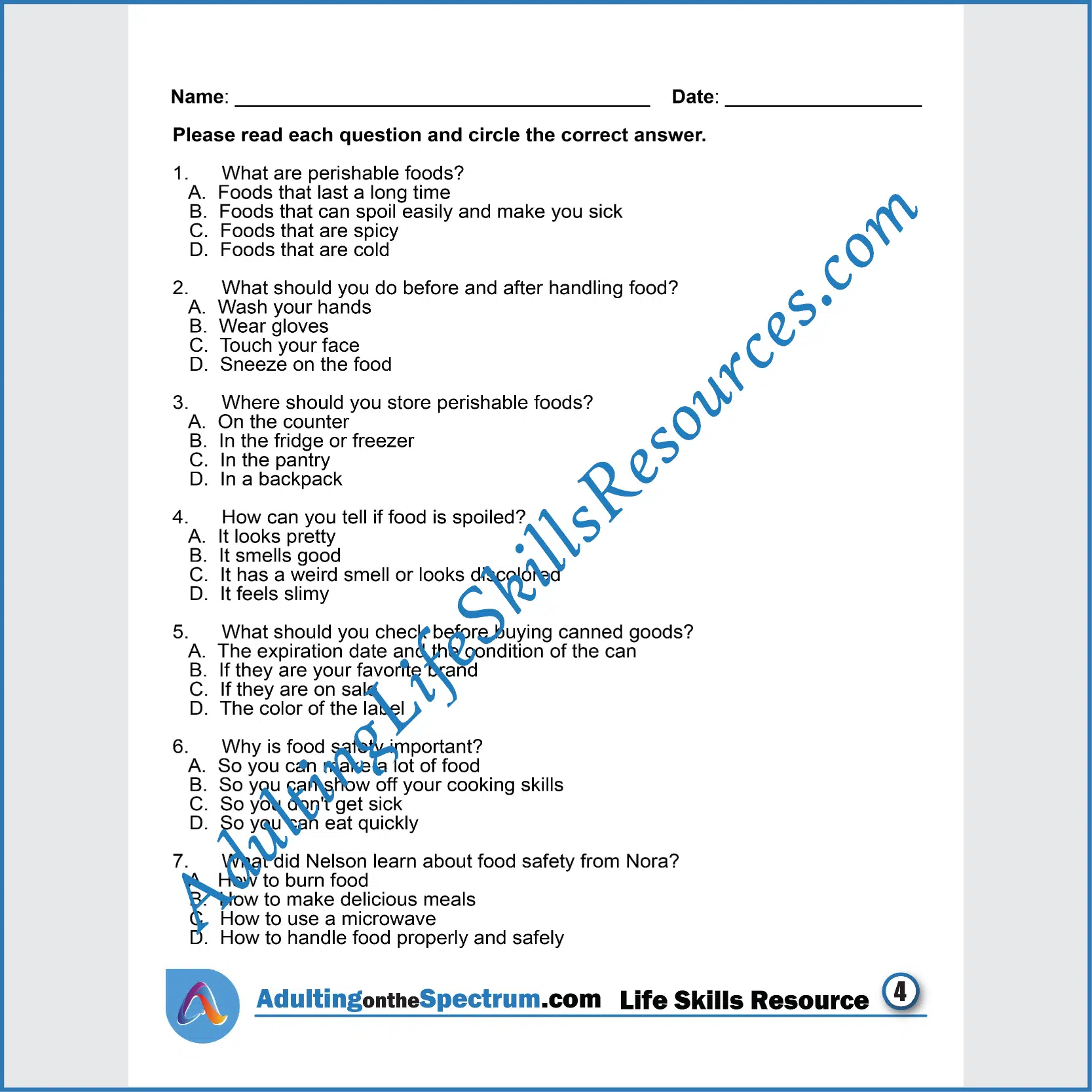Adulting Life Skills Resources SPED Kitchen and Food Safety printable for middle and high school students covers Proper Food Handling.