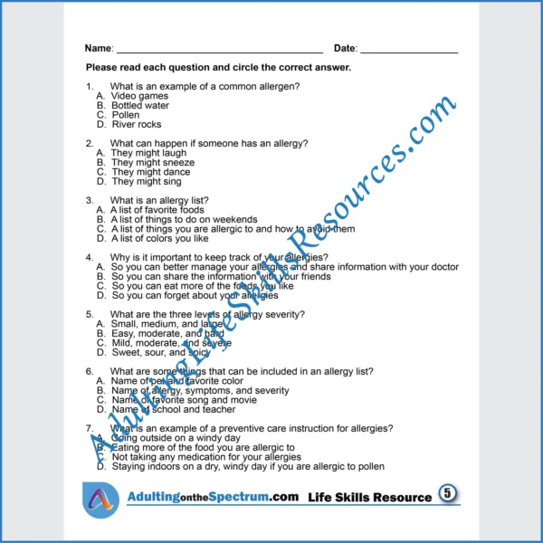 Adulting Life Skills Resources SPED Medical Safety printable for middle and high school students covers How to Track Allergies.