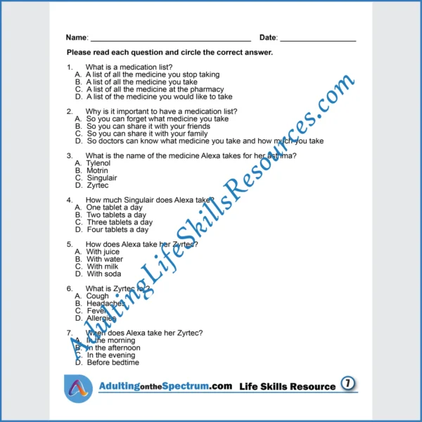 Adulting Life Skills Resources SPED Medical Safety printable for middle and high school students covers How to Create a Medication List.
