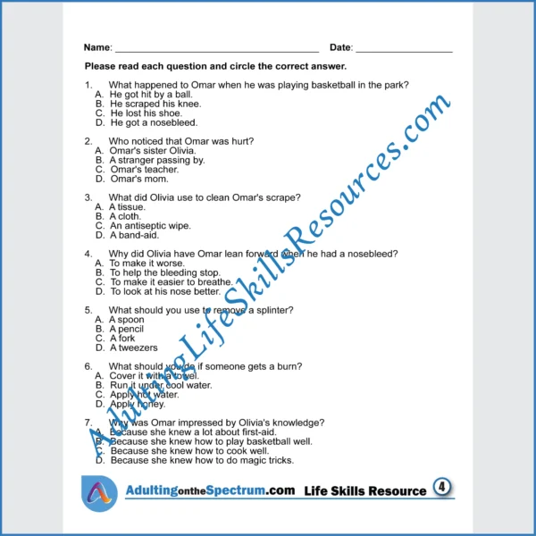 Adulting Life Skills Resources SPED Medical Safety printable for middle and high school students covers How to Administer Basic First Aid.