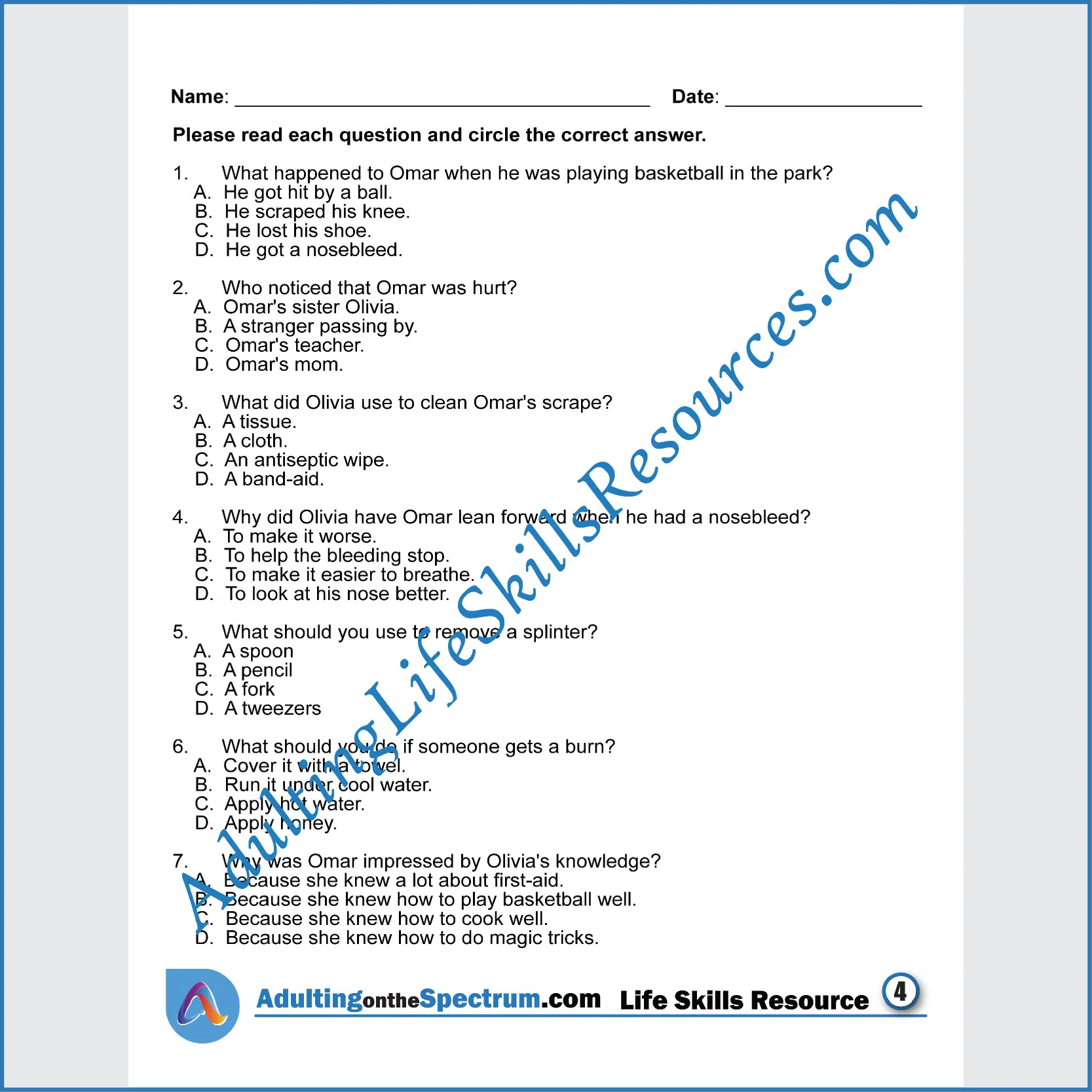 Adulting Life Skills Resources SPED Medical Safety printable for middle and high school students covers How to Administer Basic First Aid.