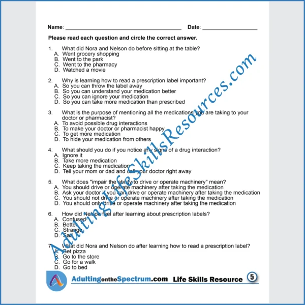 Adulting Life Skills Resources SPED Medical Safety printable for middle and high school students covers How to Read a Prescription Label.