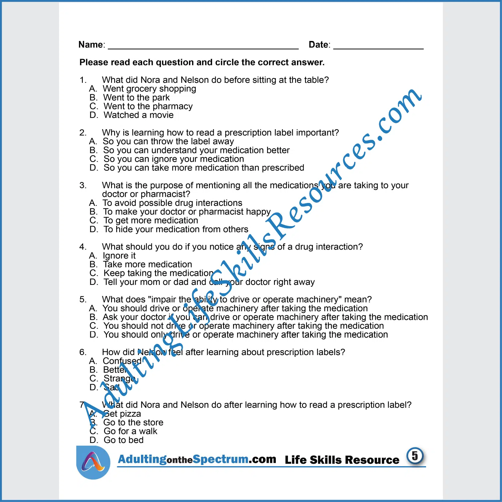 Adulting Life Skills Resources SPED Medical Safety printable for middle and high school students covers How to Read a Prescription Label.