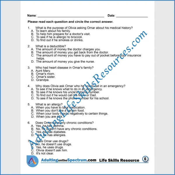 Adulting Life Skills Resources SPED Medical Safety printable for middle and high school students covers How to Prepare for a Visit to the Doctor.