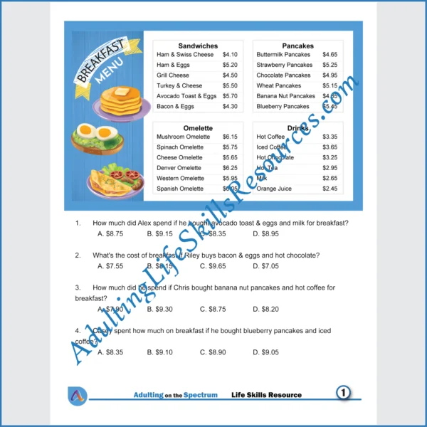 Adulting Life Skills Resources SPED Independent Living Skills worksheet for teens and young adults covers Reading Restaurant Menus and calculating the costs of breakfast and lunch.