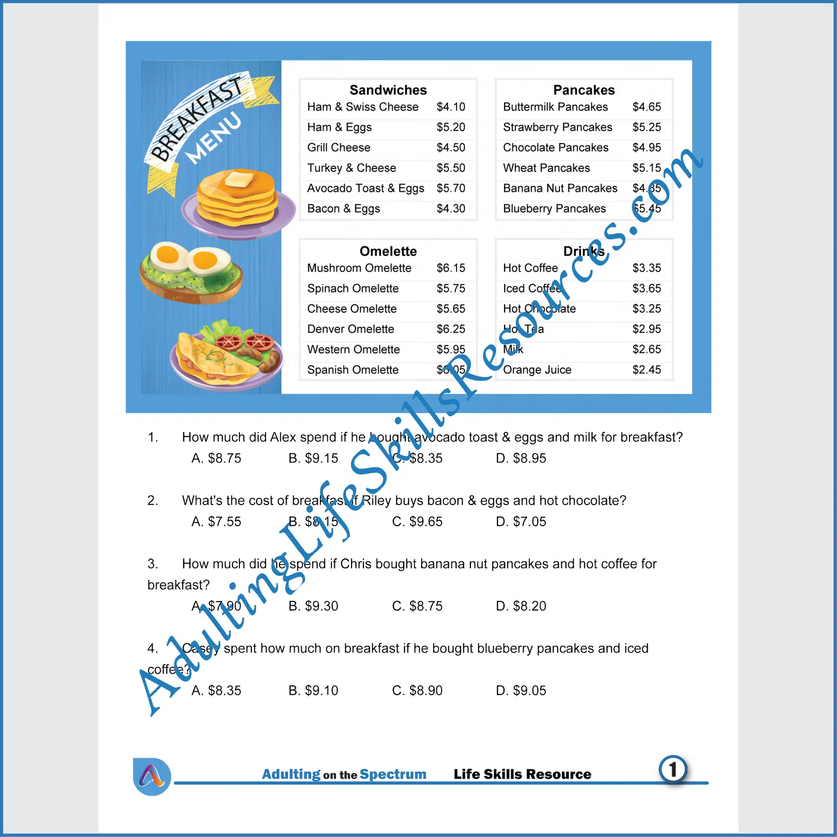 Adulting Life Skills Resources SPED Independent Living Skills worksheet for teens and young adults covers Reading Restaurant Menus and calculating the costs of breakfast and lunch.