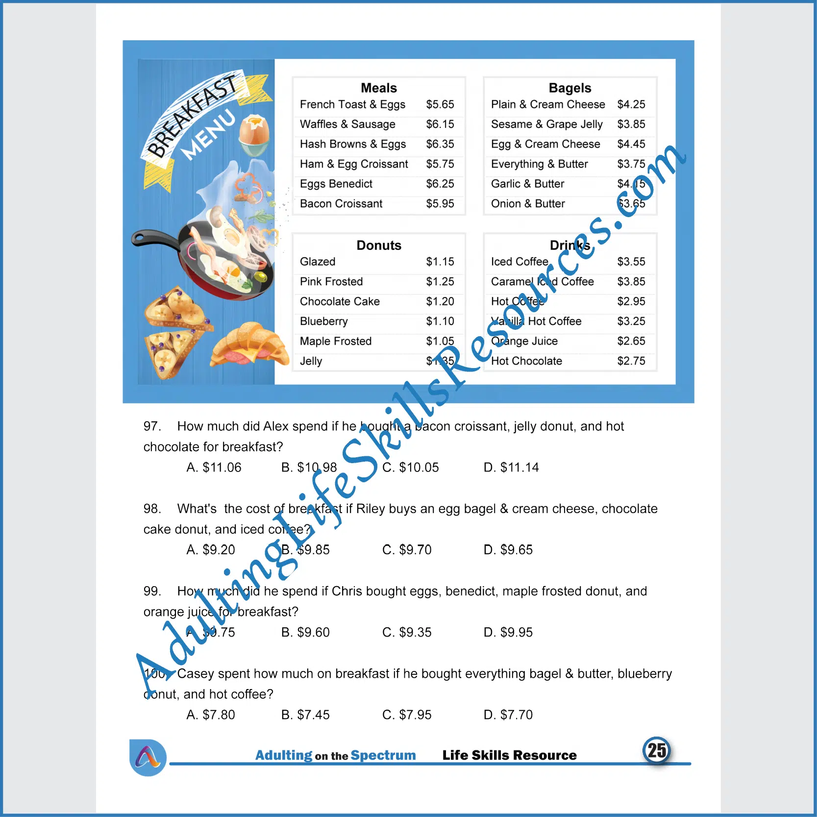 Adulting Life Skills Resources SPED Personal Finance handouts for middle and high school students cover Reading Restaurant Menus and calculating the costs of breakfast and lunch.