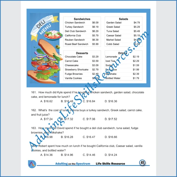Adulting Life Skills Resources SPED Independent Living Skills worksheet for middle and high school students covers Reading Restaurant Menus and calculating the costs of breakfast and lunch.