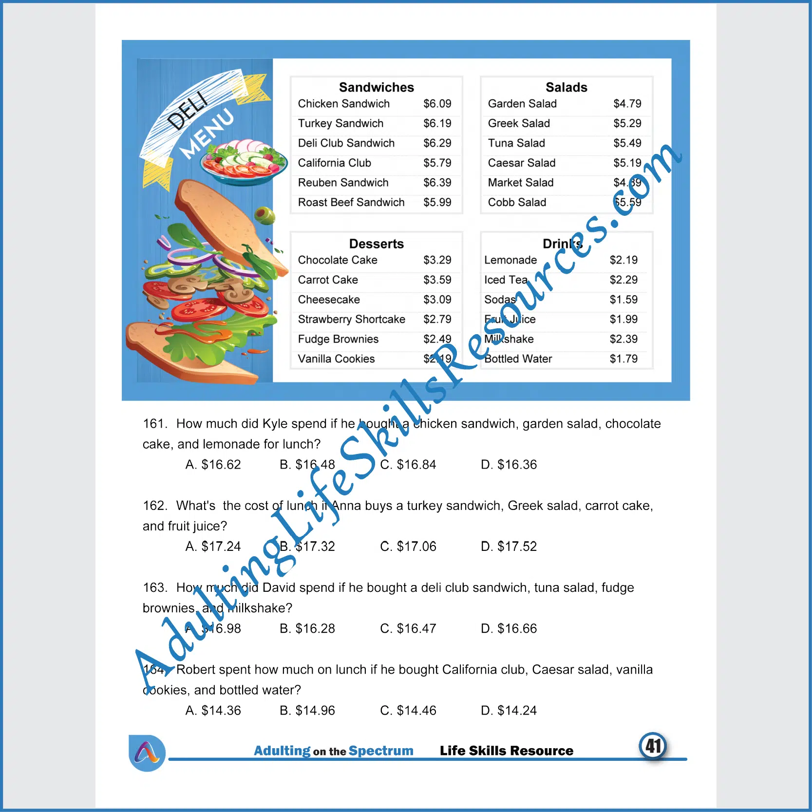 Adulting Life Skills Resources SPED Independent Living Skills worksheet for middle and high school students covers Reading Restaurant Menus and calculating the costs of breakfast and lunch.