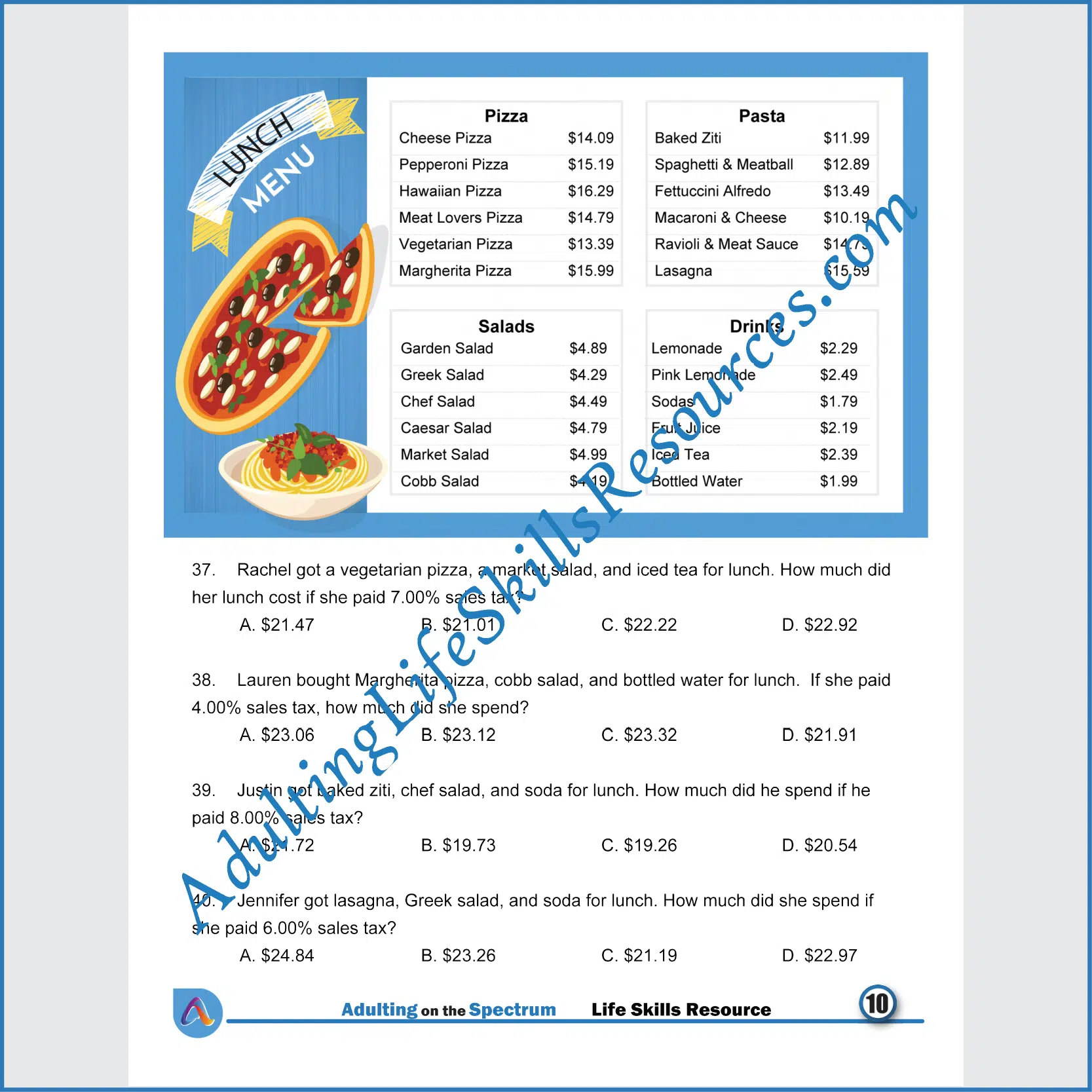 Adulting Life Skills Resources SPED Independent Living Skills worksheet for teens and young adults covers Reading Restaurant Menus and calculating the costs of breakfast, lunch, and taxes.