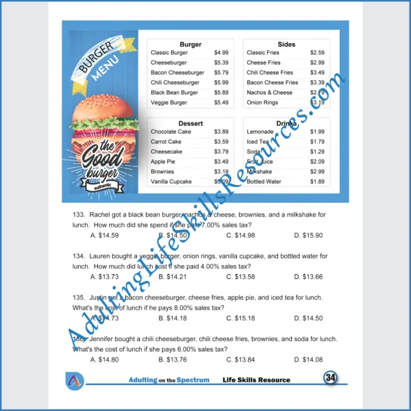 Adulting Life Skills Resources SPED Personal Finance handouts for middle and high school students cover Reading Restaurant Menus and calculating the costs of breakfast, lunch, and taxes.