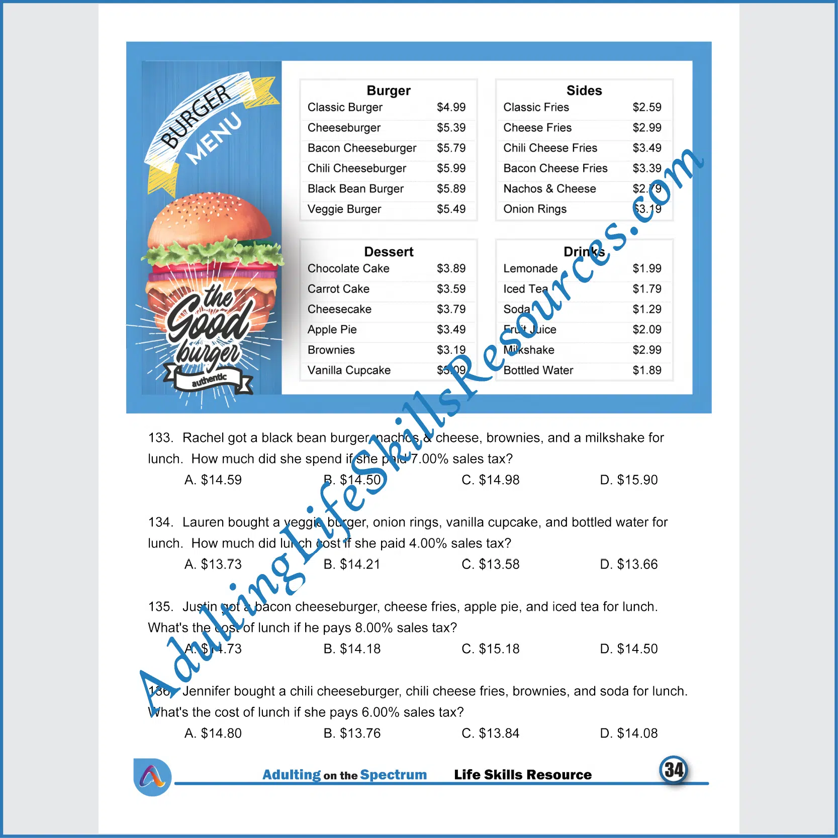 Adulting Life Skills Resources SPED Personal Finance handouts for middle and high school students cover Reading Restaurant Menus and calculating the costs of breakfast, lunch, and taxes.