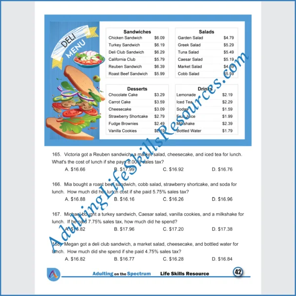 Adulting Life Skills Resources SPED Independent Living Skills worksheet for middle and high school students covers Reading Restaurant Menus and calculating the costs of breakfast, lunch, and taxes.