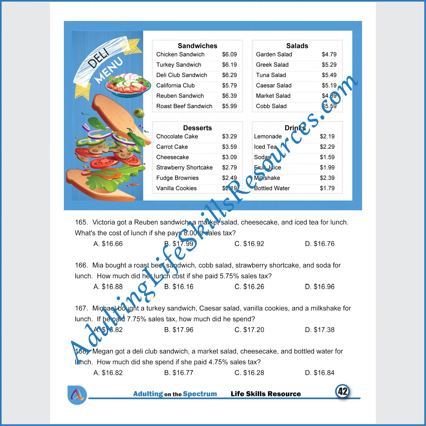 Adulting Life Skills Resources SPED Independent Living Skills worksheet for middle and high school students covers Reading Restaurant Menus and calculating the costs of breakfast, lunch, and taxes.