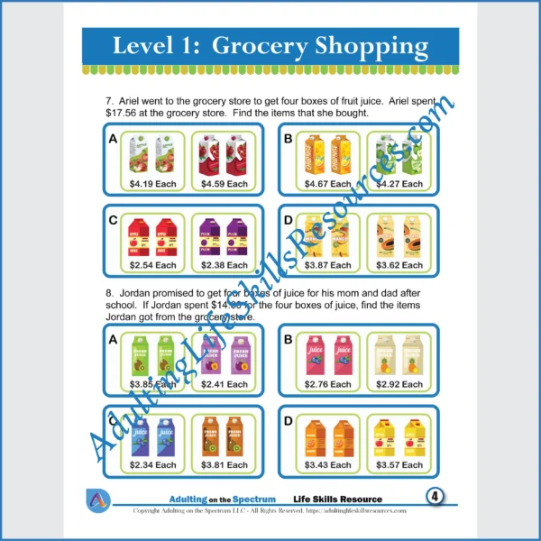 Adulting Life Skills Resources SPED Personal Finance worksheet for printables for middle and high school students covers how to calculate the cost of groceries.