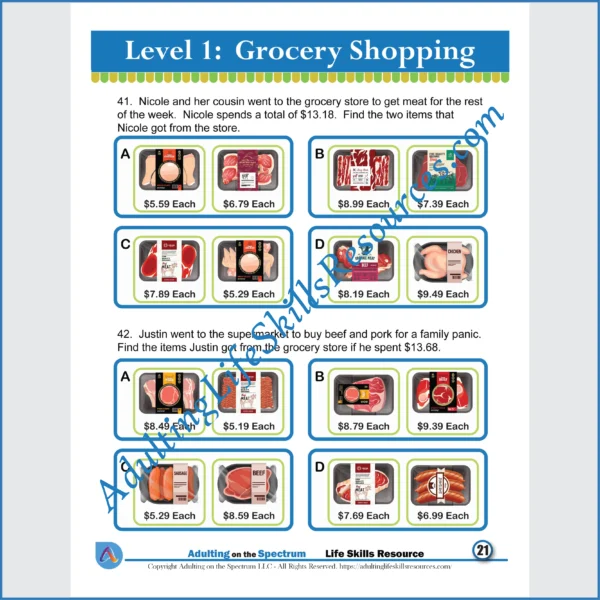 Adulting Life Skills Resources SPED Independent Living Skills worksheet for teens and young adults covers how to calculate the cost of groceries.