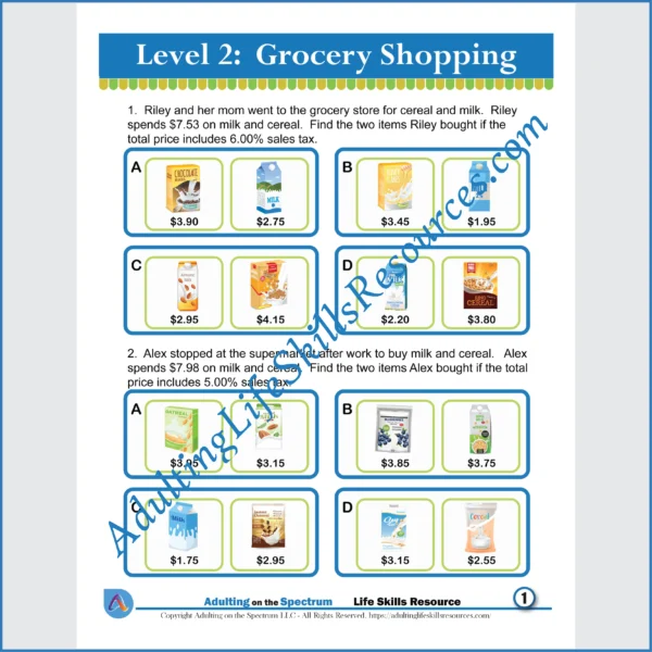 Adulting Life Skills Resources SPED Personal Finance handouts for middle and high school students covers how to calculate the cost of groceries.
