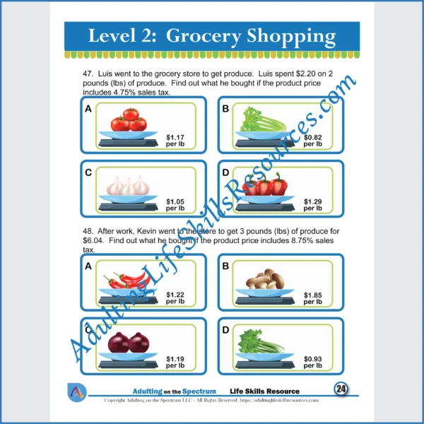 Adulting Life Skills Resources SPED Independent Living Skills worksheet for middle and high school students covers how to calculate the cost of groceries.
