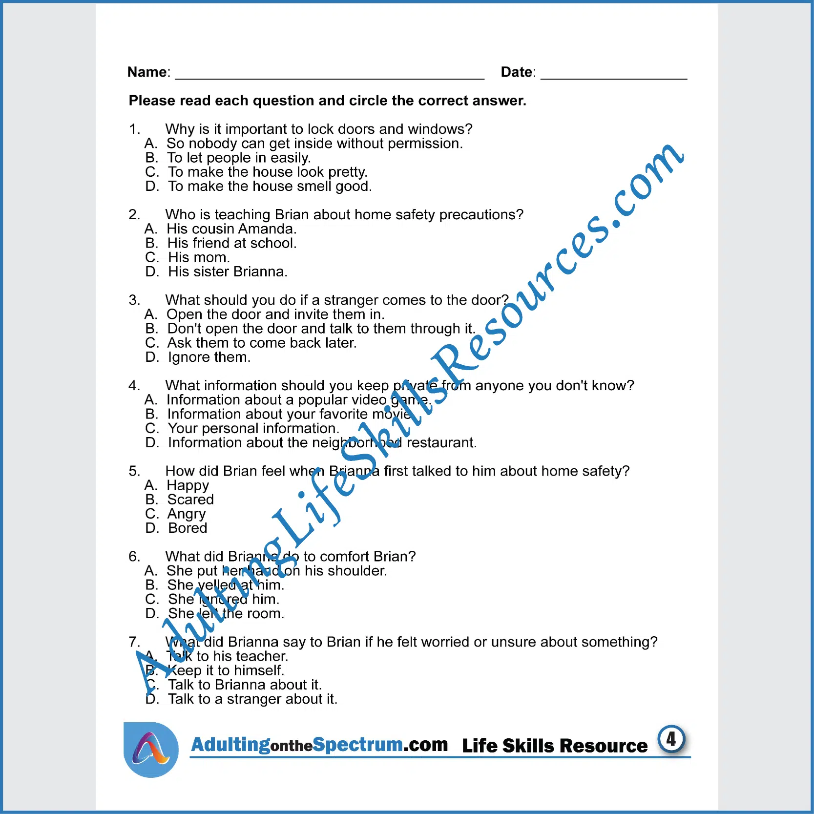 Adulting Life Skills Resources SPED Independent Living Skills printable for middle and high school students covers Locking the Doors and Windows.