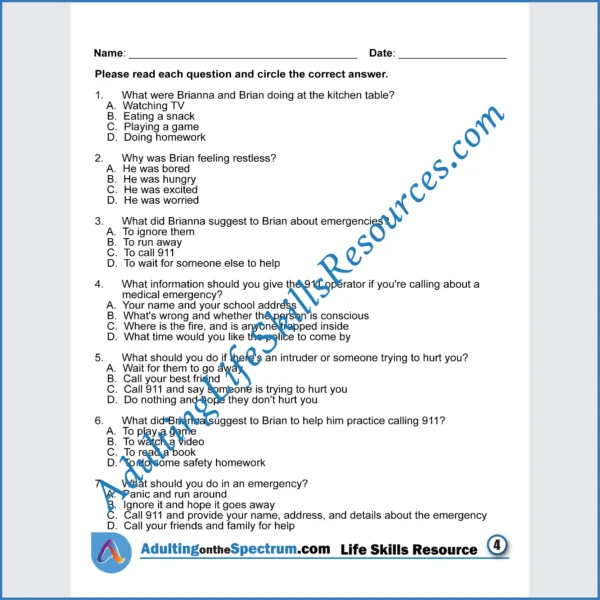 Adulting Life Skills Resources SPED Independent Living Skills printable for middle and high school students covers How to Provide Emergency Information.