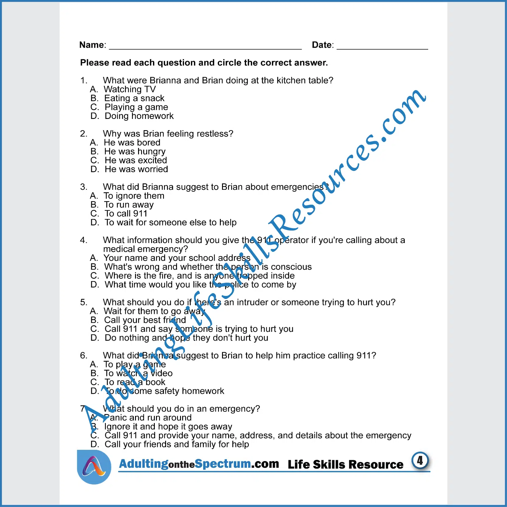 Adulting Life Skills Resources SPED Independent Living Skills printable for middle and high school students covers How to Provide Emergency Information.