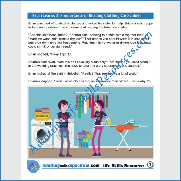 Adulting Life Skills Resources SPED Independent Living Skills handouts for teens and young adults cover the Importance of Reading Clothing Care Labels.