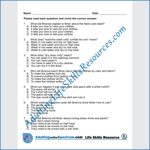 Adulting Life Skills Resources SPED Independent Living Skills printable for middle and high school students covers the Importance of Reading Clothing Care Labels.