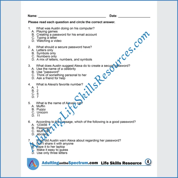 Adulting Life Skills Resources SPED Independent Living Skills printable for middle and high school students covers the Importance of Secure Passwords.