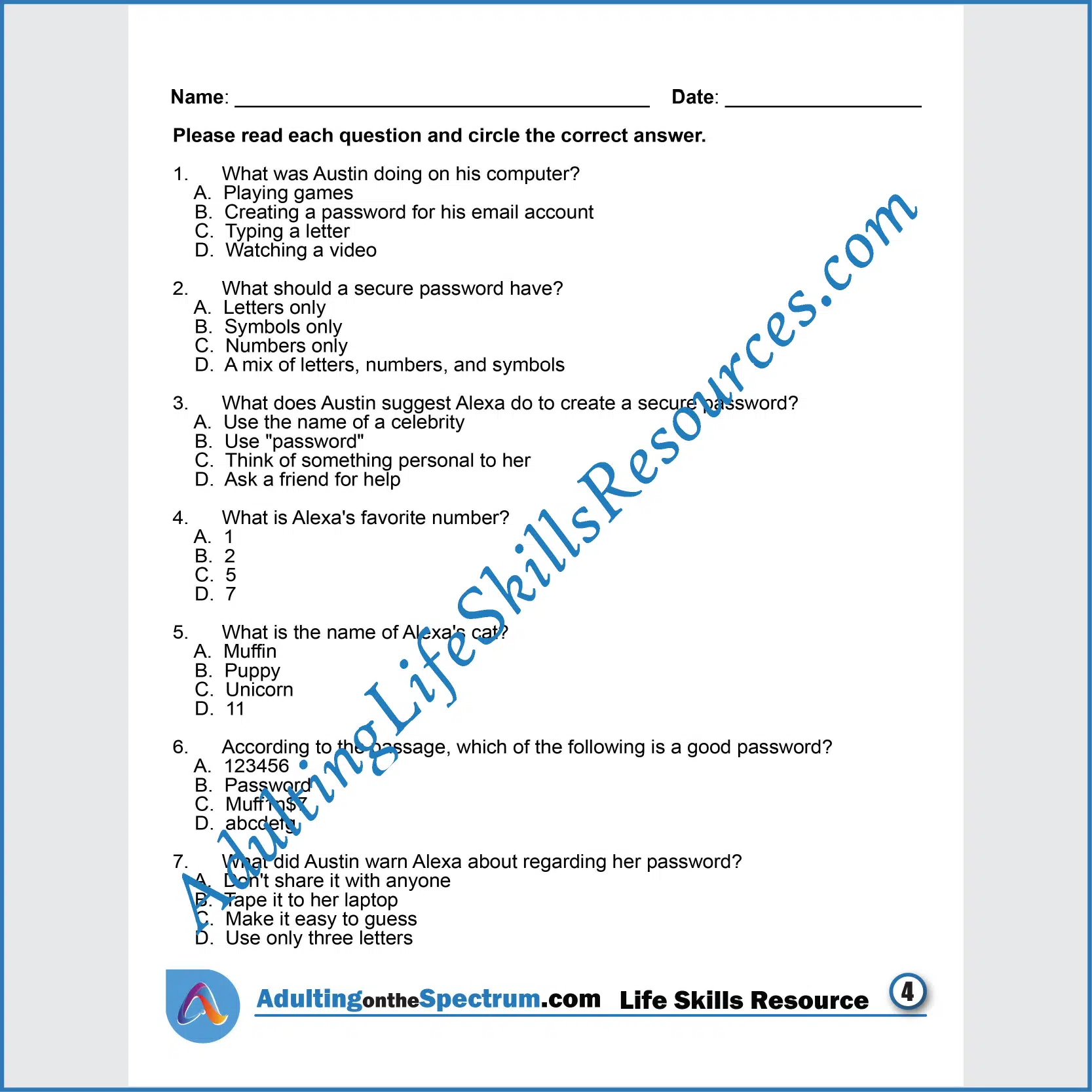 Adulting Life Skills Resources SPED Independent Living Skills printable for middle and high school students covers the Importance of Secure Passwords.