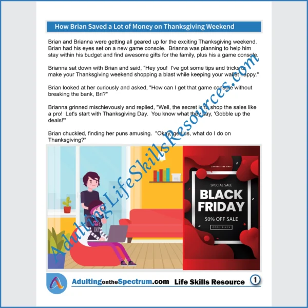Adulting Life Skills Resources SPED Seasonal Social Skills handouts for teens and young adults cover celebrating Saving Money on Black Friday.
