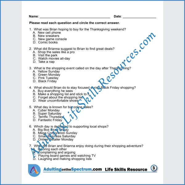 Adulting Life Skills Resources SPED Seasonal Social Skills printable for middle and high school students covers celebrating Saving Money on Black Friday.