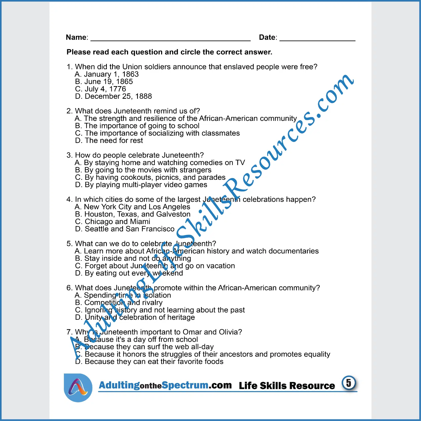 Adulting Life Skills Resources SPED Seasonal Social Skills printable for middle and high school students covers celebrating Juneteenth.