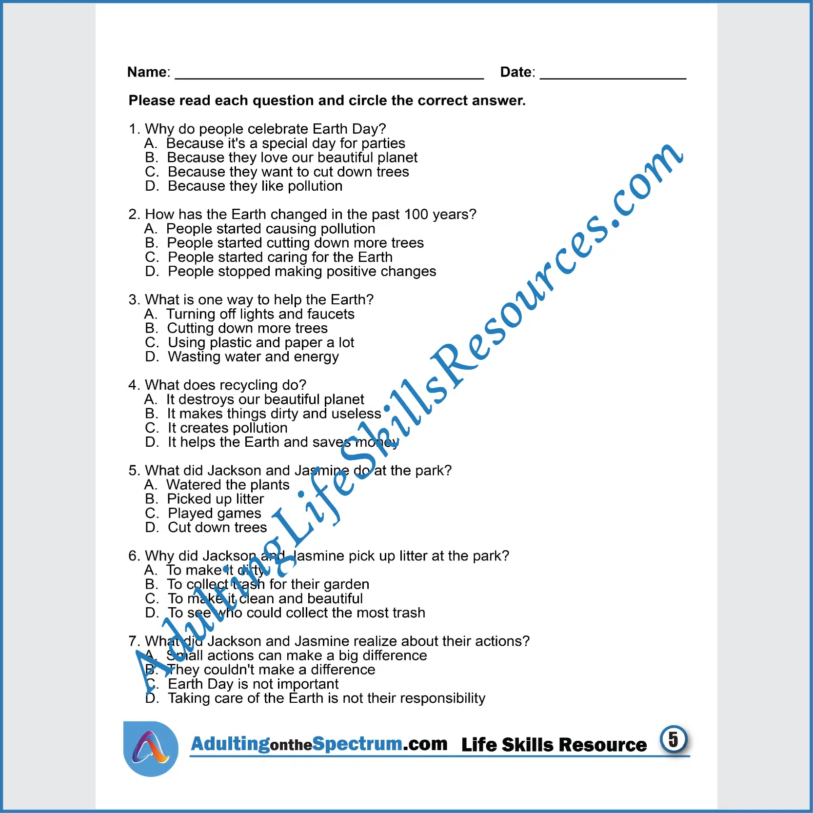 Adulting Life Skills Resources SPED Seasonal Social Skills printable for middle and high school students covers celebrating Earth Day.